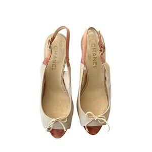 Chanel Slingback Peep-Toe Heels Beige Canvas Leather Bow Detail Size 38.5